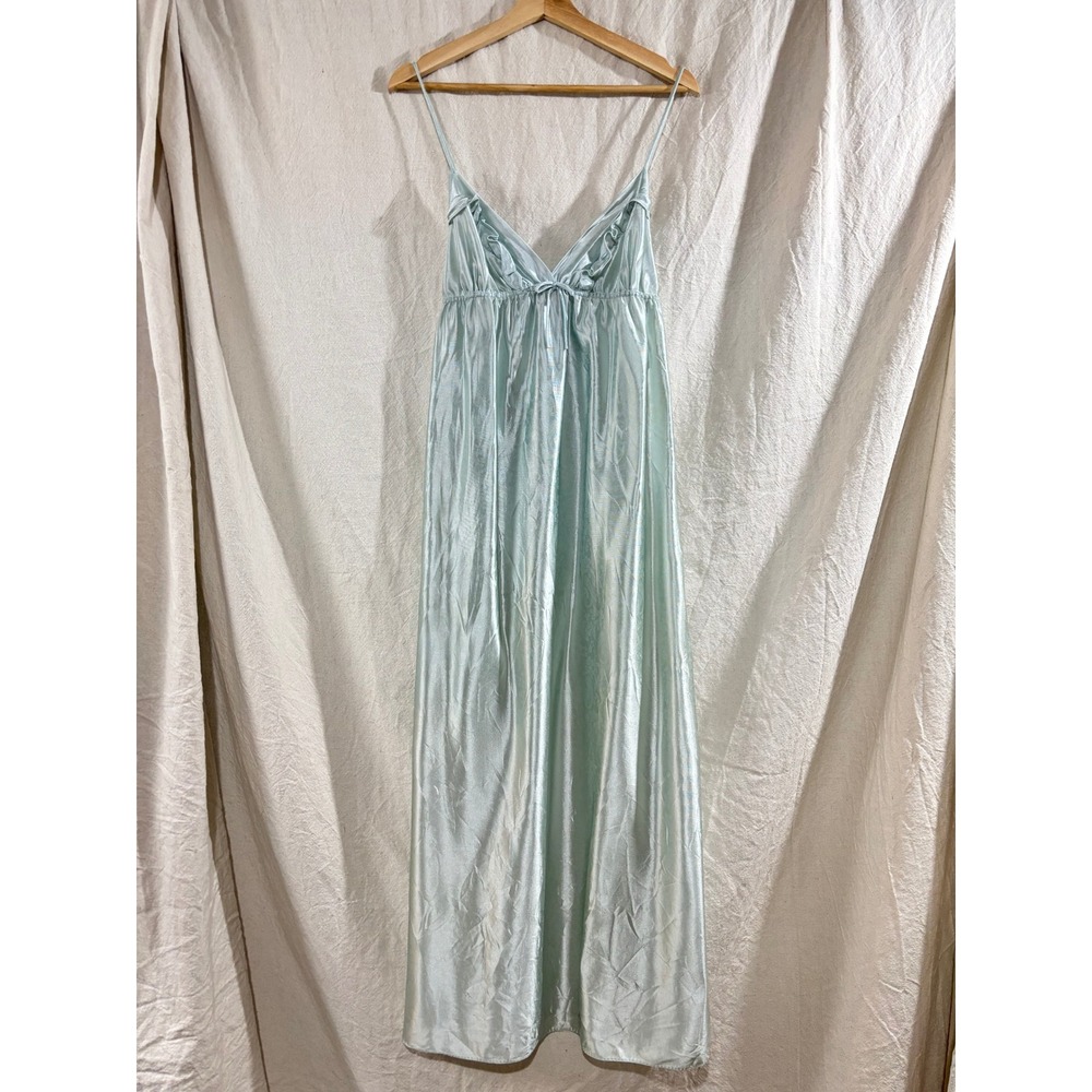 Vintage Erica Loren New York 70s Blue Nylon Tricot Slip Dress Maxi Nightgown M